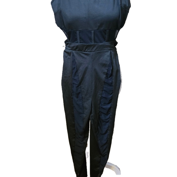 Black Spaghetti Strap Jumpsuit Sheer Panels Costume - Picture 1 of 4